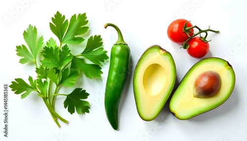 Top view of parsley, chili pepper, cherry tomatoes and avocado half on white background