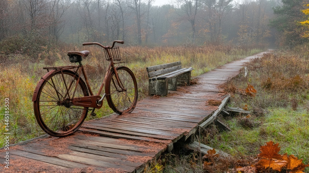 Fototapeta premium Misty Autumn Path Rustic Bike Bench.