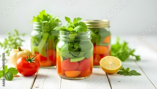 close up view of fresh vegetable salad in glass jars on wooden white table isolated on white