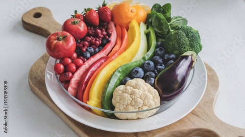 Healthy rainbow produce bowl with colorful fruits and vegetables on white plate