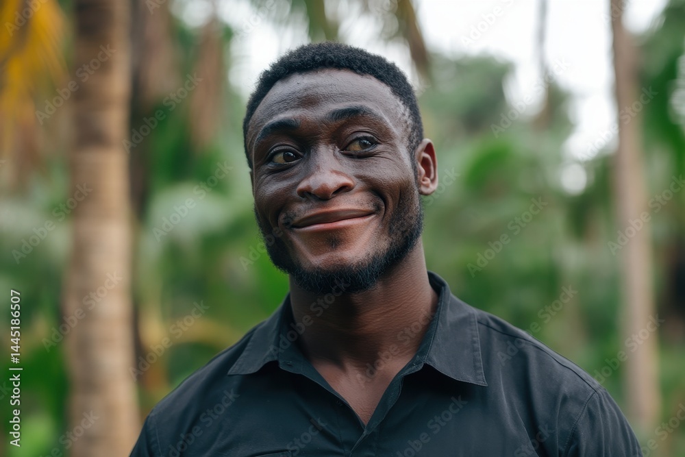 Smiling African man in black shirt in front of blurry jungle backdrop. For expressing positive emotions, diversity, or authentic cultural experiences. Smiling African man in black shirt in front of blurry jungle backdrop. For expressing positive emotions, diversity, or authentic cultural experiences.