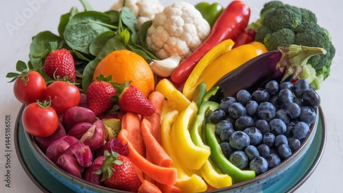 Colorful rainbow bowl of fruits and vegetables with spinach and teal dish