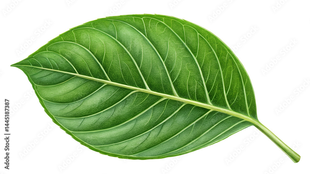 Obraz premium Vibrant Green Leaf: A close-up image captures a meticulously detailed and vividly rendered leaf. showcasing the natural intricacies of its form and veins