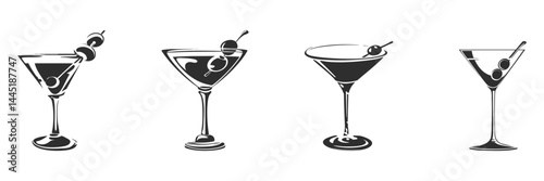Cocktail Glasses With Olives Silhouette Set. Classic Martini Icons For Bar And Beverage Themes. Isolated Vector Illustration Collection