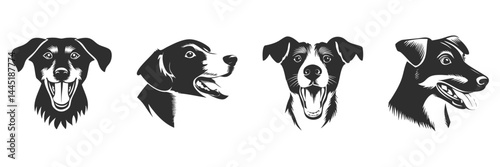 Dog Expressions Silhouette Set. Playful And Happy Canine Faces Isolated Vector Illustration Collection