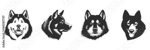 Husky Dog Head Silhouettes Set. Canine Expressions And Profiles Isolated Vector Illustration Collection
