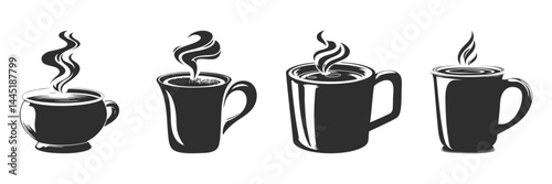 Silhouette Of Coffee Cups With Steam. Beverage Variety And Warmth Concept Isolated Vector Illustration Collection