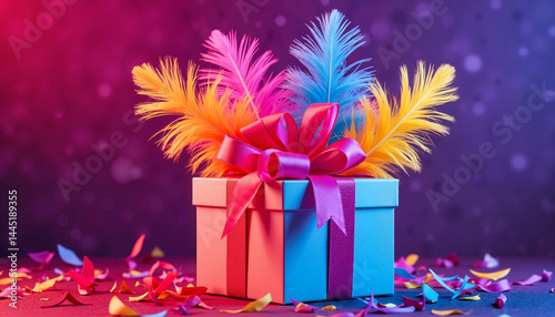 Colorful gift box with feathers under carnival lights, festive celebration