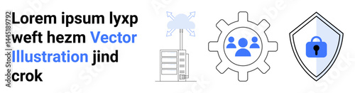 Gears symbolizing teamwork, shield representing security, server tower, and cloud network connections. Ideal for technology, data storage, cybersecurity, system integration, collaboration digital
