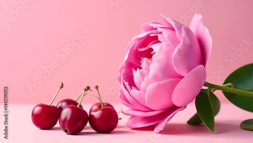 Pink peony and red cherries on a neutral background. On-trend red cherry color