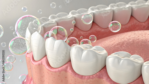Healthy gums and teeth with fluoride liquid bubble