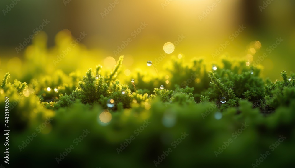 Fototapeta premium Golden Hour Moss: Dew-Kissed Green Serenity