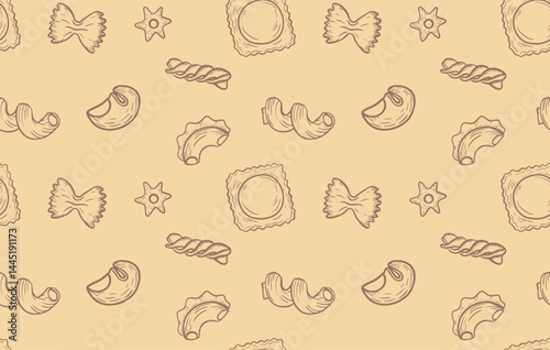 Seamless horizontal pattern with detailed hand-drawn Italian pasta engraving. A delicious and rustic vector repeat ideal for food packaging, kitchen decor, menu design, and culinary-themed prints.