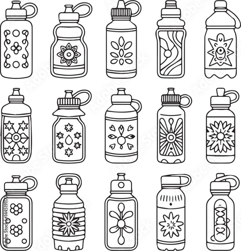 "A highly detailed black line art vector set of unique, cute designer 12 water bottle 