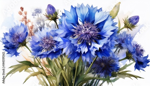 Blue wildflower. Beautiful bouquet of cornflower flowers on isolated white background, wate