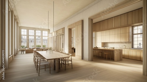 Spacious, light-filled interior design of a modern dwelling. photo