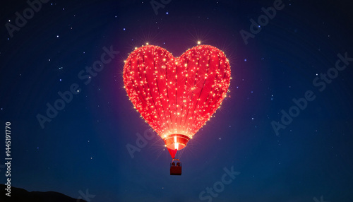 Twinkling heart balloon in night sky with stars, love and celebration