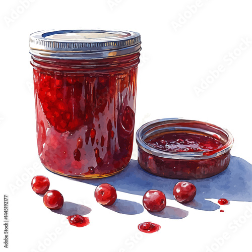 watercolor of Blackberry Compote In A Jar, vector, isolated on a white background.