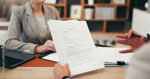 Billede på lærred Business people, hands and lawyer with legal contract for court testimony, partnership agreement or policy