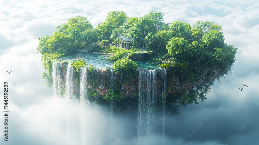 Obraz premium A breathtaking floating island paradise with lush greenery, cascading waterfalls, and serene waters surrounded by clouds