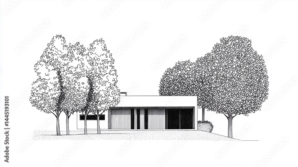 hand-drawn architectural concept of a minimalist residential house, surrounded by trees, created using fine liners