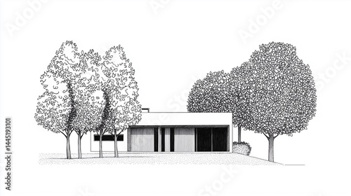 Obraz na płótnie hand-drawn architectural concept of a minimalist residential house, surrounded by trees, created using fine liners w salonie