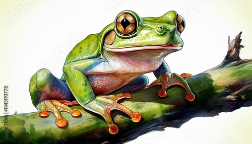 green tree frog watercolor illustration isolated on  background tropical rainforest amphibi photo