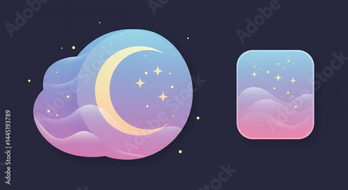 Abstract celestial cloud and moon icon design with soft gradients and stars