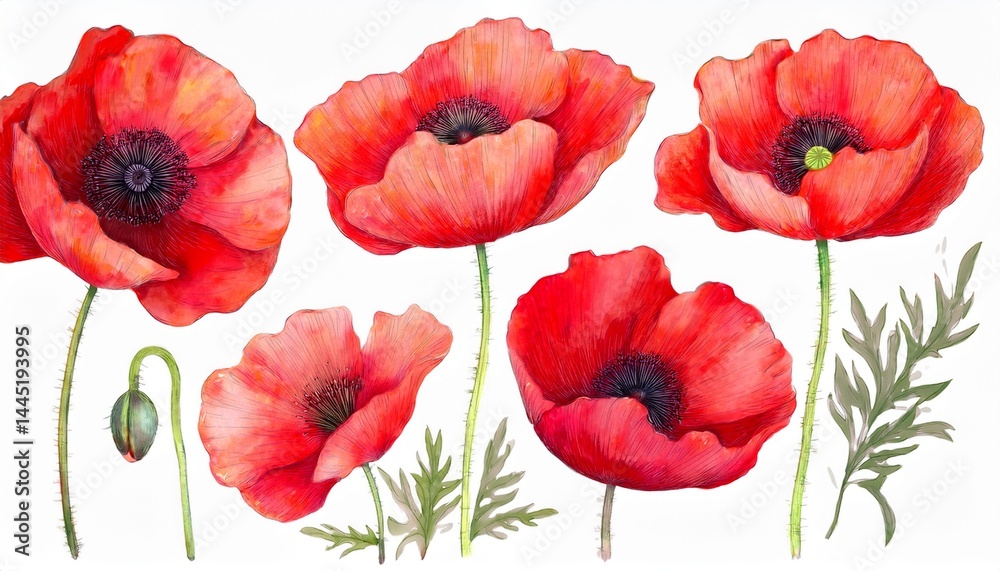 Obraz premium Red poppies. Summer flowers, floral set elements. Watercolor hand drawn illustration isolat