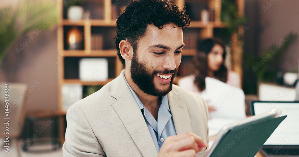 Fototapeta premium Happy, tablet and businessman in office for research, online budget review and finance proposal. Professional, accountant and person on digital tech for website, financial consultant and planning