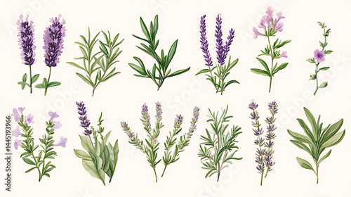Delicate botanical herb illustrations bring sense of calm and serenity, showcasing intricate details of each plant and evoking feeling of natural beauty
