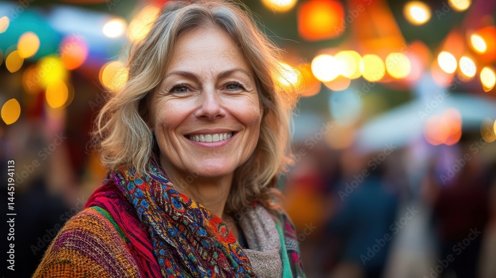 Fototapeta premium Smiling mature woman with scarf poses against blurred outdoor lights. Image for lifestyle, wellness, or aging gracefully concepts.