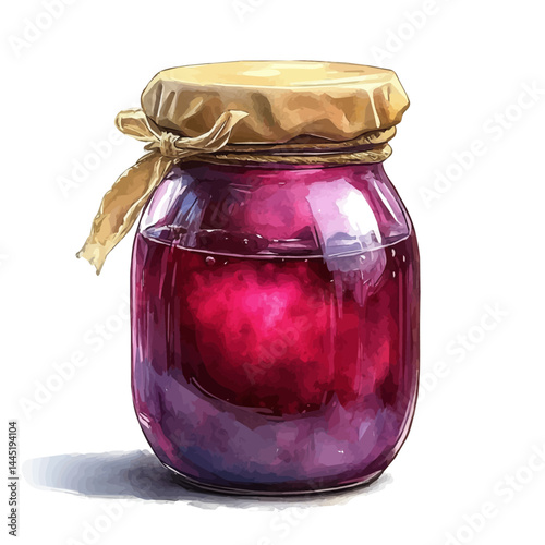 Blackberry Compote In A Jar, vector watercolor illustration, isolated on a white background.