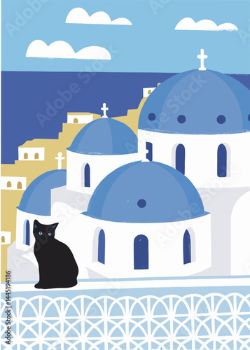 Black cat in Santorini vector illustration in flat style in white blue and beige for travel and island design