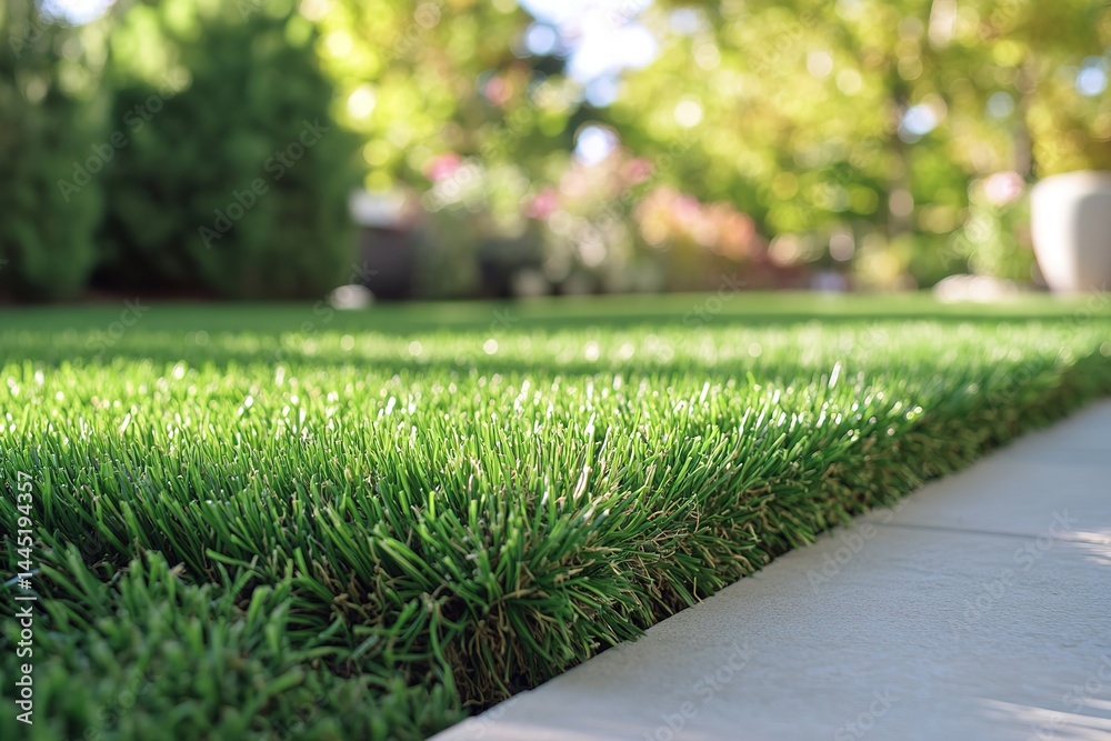Obraz premium Lush Green Artificial Turf CloseUp, Garden Pathway, Blurred Background, Sunny Day