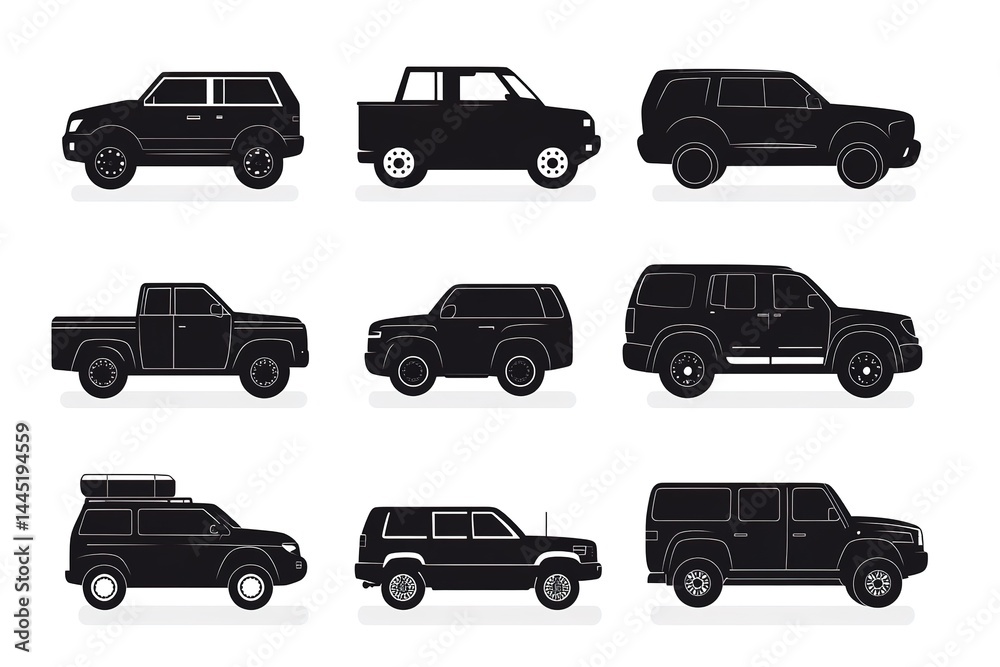 Fototapeta premium Assorted Automotive Vehicles Silhouettes of Black Cars, Truck, SUV, Side Views, Simple