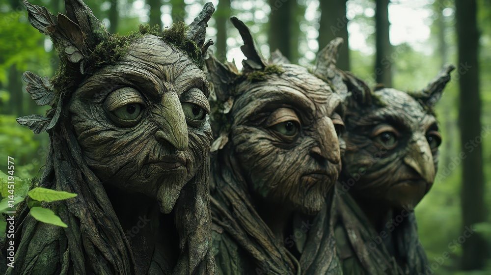 Three mossy tree spirits stand watchfully in a misty green forest setting. Use in fantasy novels, nature blogs, or druid-themed roleplaying games. Three mossy tree spirits stand watchfully in a misty green forest setting. Use in fantasy novels, nature blogs, or druid-themed roleplaying games.