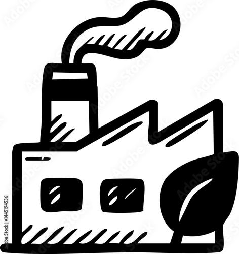 Hand-drawn eco factory with chimney and leaf representing sustainable industry and emission control Vector SVG