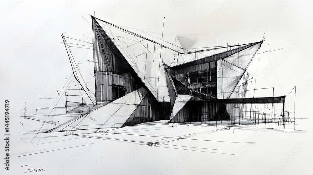 architectural sketch showing a modern cultural center with geometric shapes and sharp angles, ink on textured paper