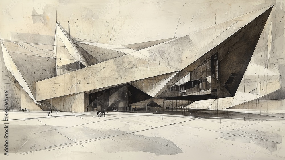 architectural sketch showing a modern cultural center with geometric shapes and sharp angles, ink on textured paper
