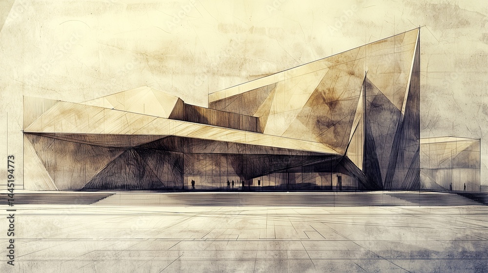 architectural sketch showing a modern cultural center with geometric shapes and sharp angles, ink on textured paper
