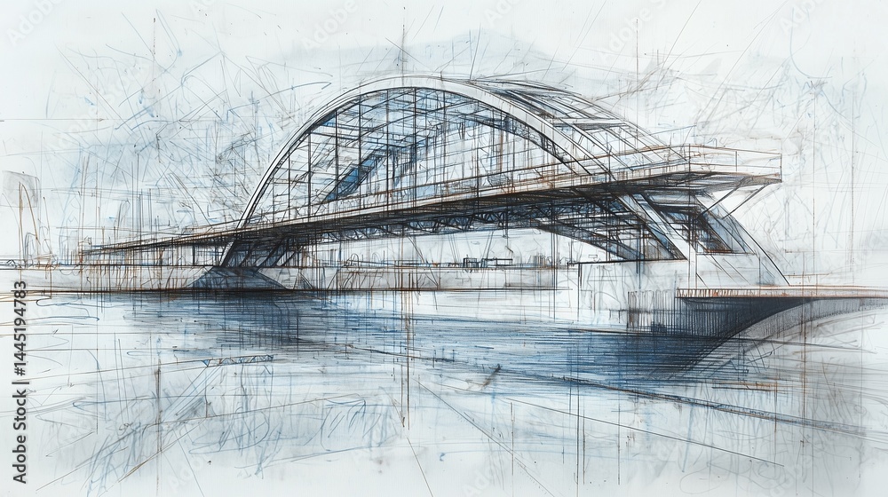 sketch of a modern bridge structure over water, pencil and marker mixed media
