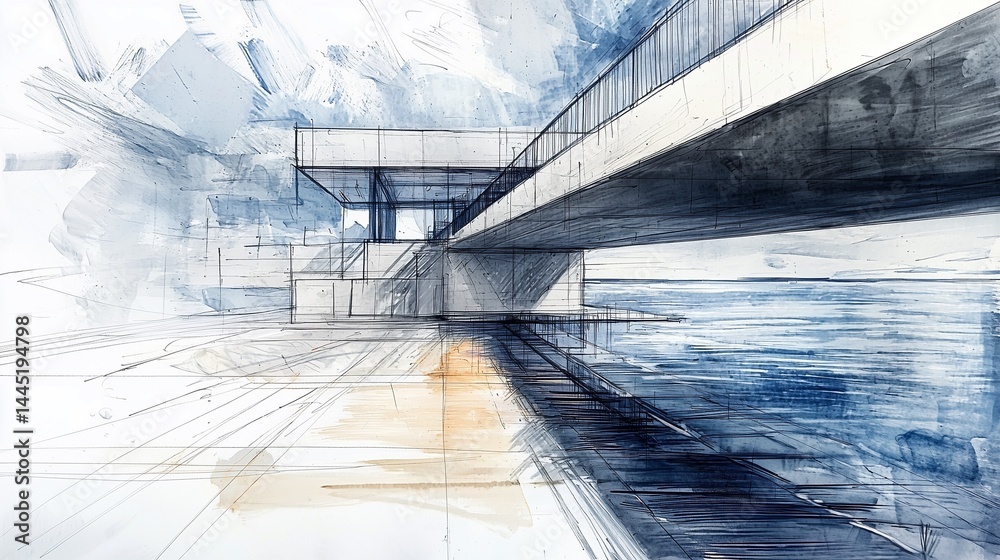 sketch of a modern bridge structure over water, pencil and marker mixed media