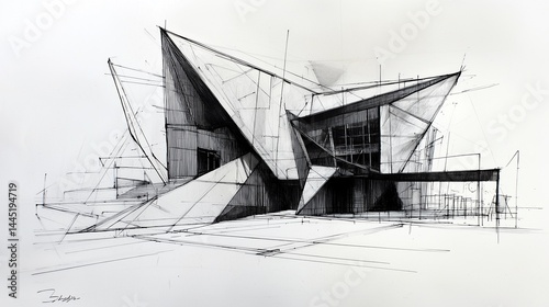 Obraz na płótnie architectural sketch showing a modern cultural center with geometric shapes and sharp angles, ink on textured paper w salonie