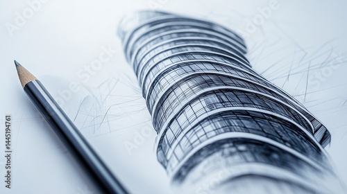 Obraz na płótnie architectural sketch of a futuristic skyscraper with organic curves and glass facade, drawn with pencil on white paper w salonie