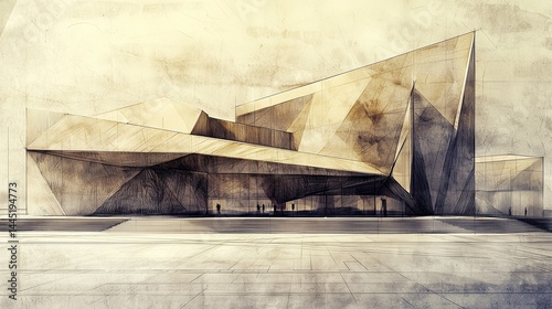 Obraz na płótnie architectural sketch showing a modern cultural center with geometric shapes and sharp angles, ink on textured paper w salonie