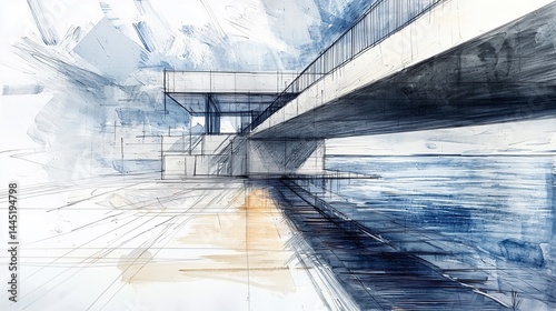Obraz na płótnie sketch of a modern bridge structure over water, pencil and marker mixed media w salonie