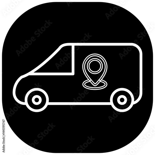 Delivery van icon with navigation pin for courier service, last mile delivery or tracking system – transparent background
