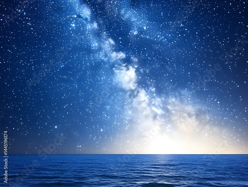 Serene Night Sky over Tranquil Ocean Starry Milky Way Galaxy at Sunset