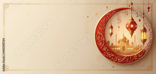 Eid ul-Adha Mubarak Greeting with Crescent Moon, Lanterns, and Sacrificial Sheep in a Festive Night Sky